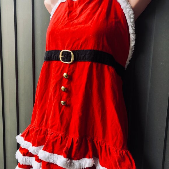 Pier 1 Imports Santa Claus Apron Costume Red White Faux Fur Trim Holiday Kitchen - Picture 3 of 6